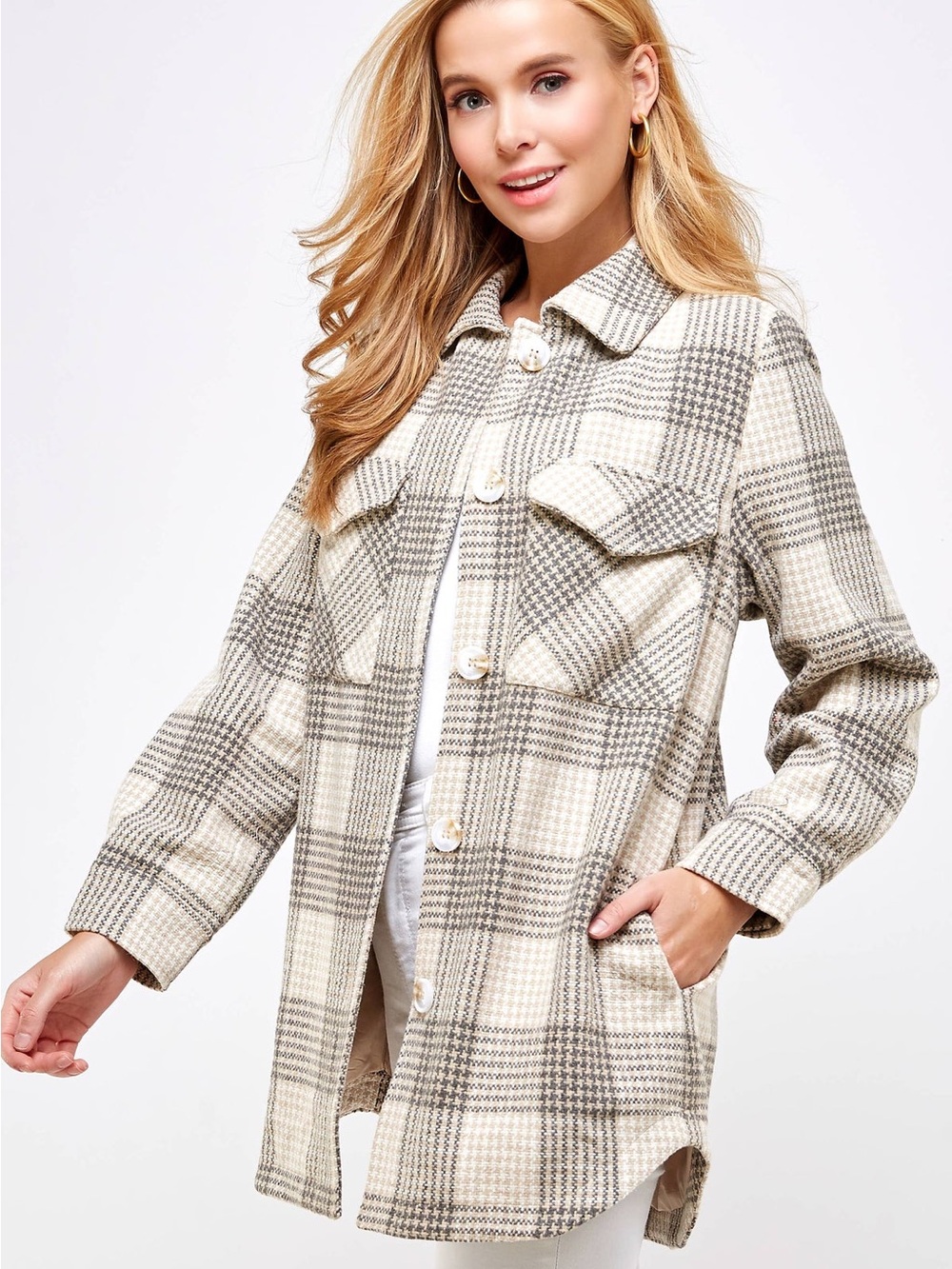 Ellison Plaid Utility Shacket in Cream and Gray